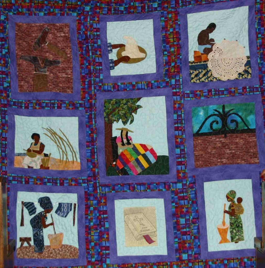 A quilt with nine pictures of people and trees.